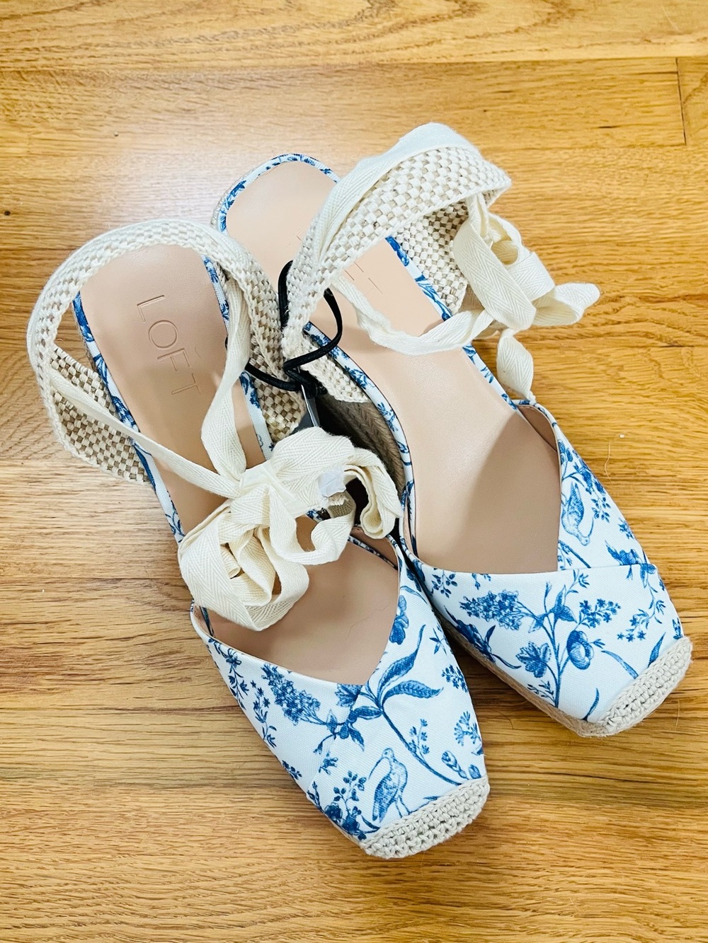 LOFT White and Blue Floral Espadrille Wedge Sandals with Ankle Ties